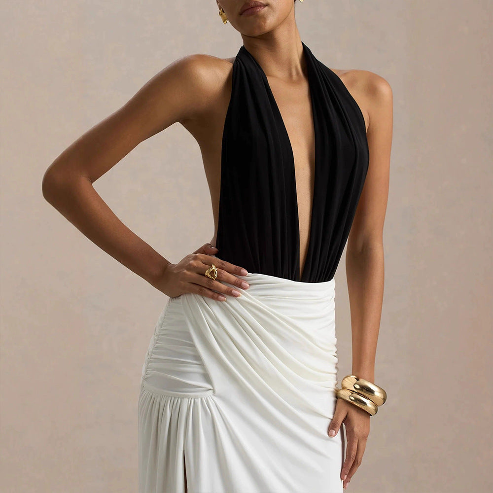 Damen Elegantes Maxikleid mit tiefem V-Ausschnitt und gerafftem Rock EB