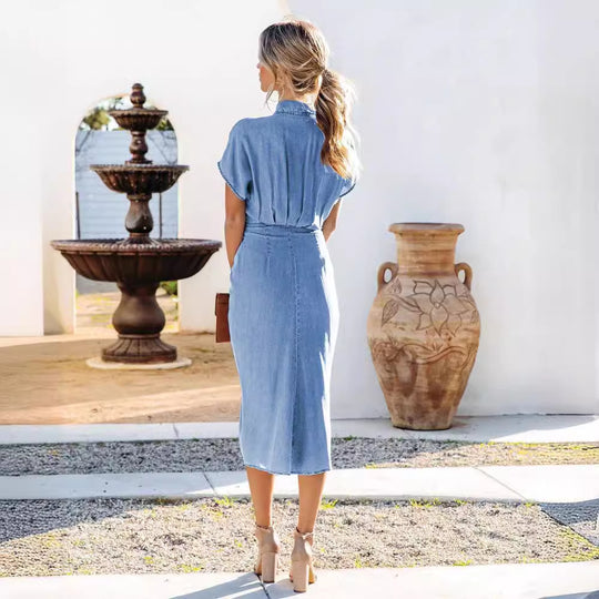 Damen Denim Hemdkleid mit Wickelgürtel und überschnittenen Ärmeln EB