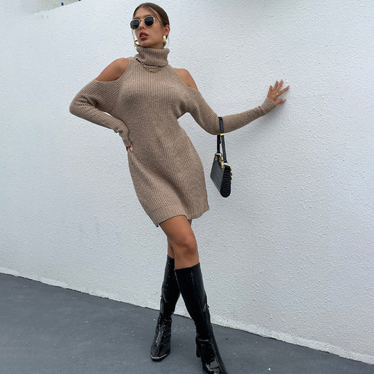 Damen Strickkleid mit Rollkragen und offenen Schultern EB