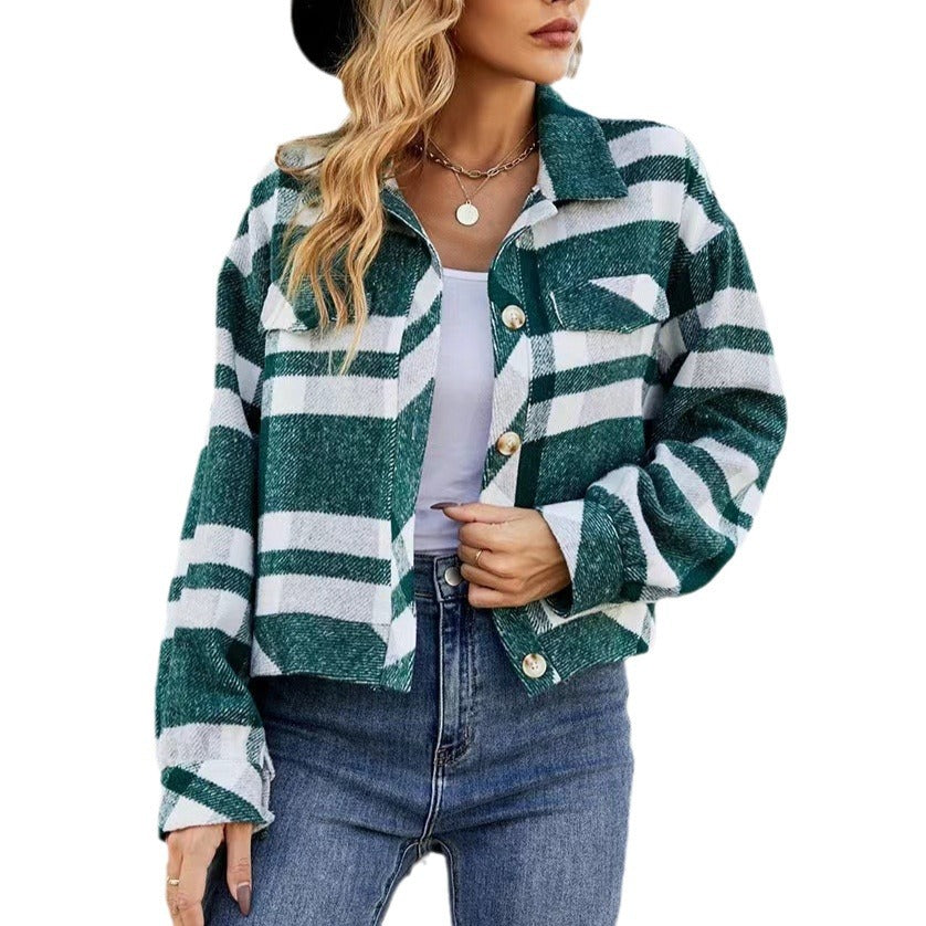 Damen Karierte Utility-Jacke mit voluminösen Ärmeln und Knopfleiste EB