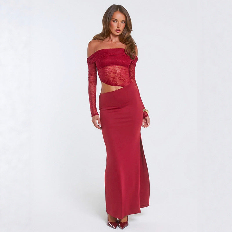 Damen elegantes Off-Shoulder-Maxikleid mit asymmetrischem Schnitt und transparenter Spitze EB