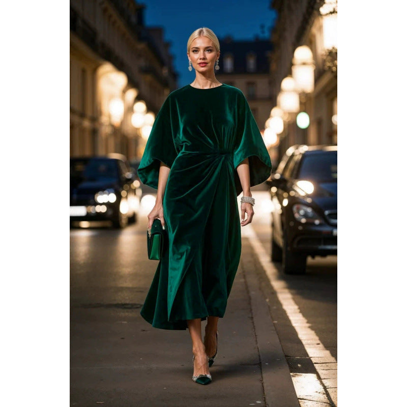 Damen Abendkleid im eleganten Samt-Design mit voluminösen Ärmeln und taillierter Silhouette EB