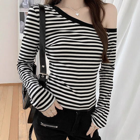Damen Off-Shoulder Oberteil mit modischem Streifenmuster und figurbetontem Schnitt EB