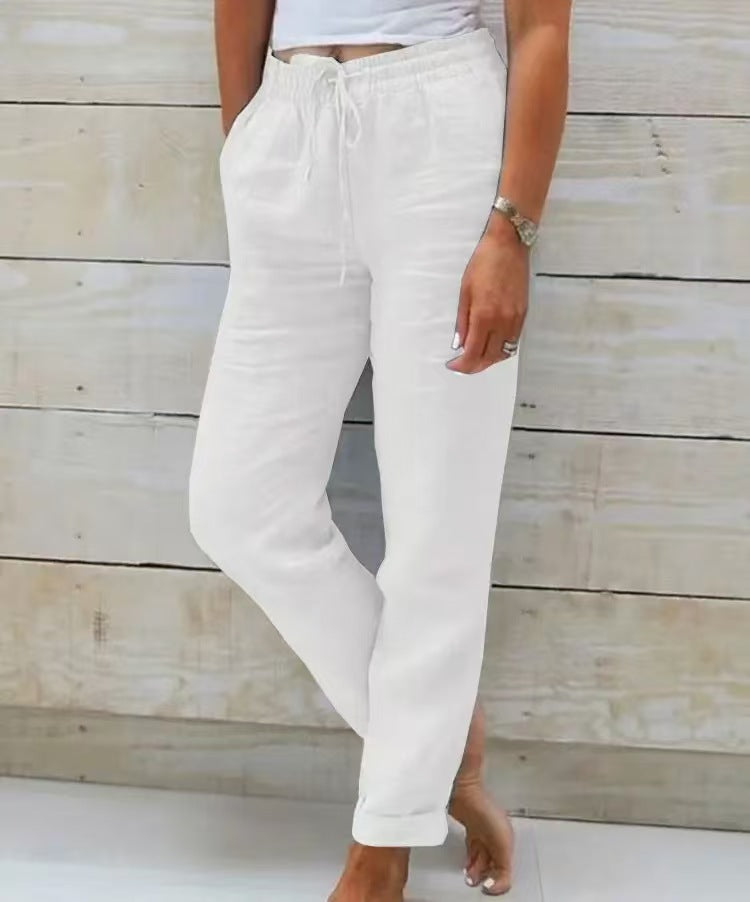 Damen nan lässige Leinenhose mit elastischem Bund Kordelzug und Seitentaschen EB