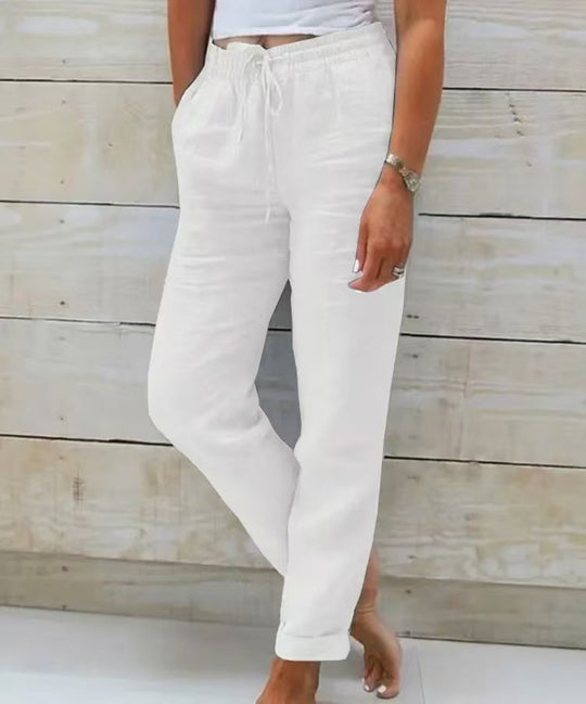Damen nan lässige Leinenhose mit elastischem Bund Kordelzug und Seitentaschen EB