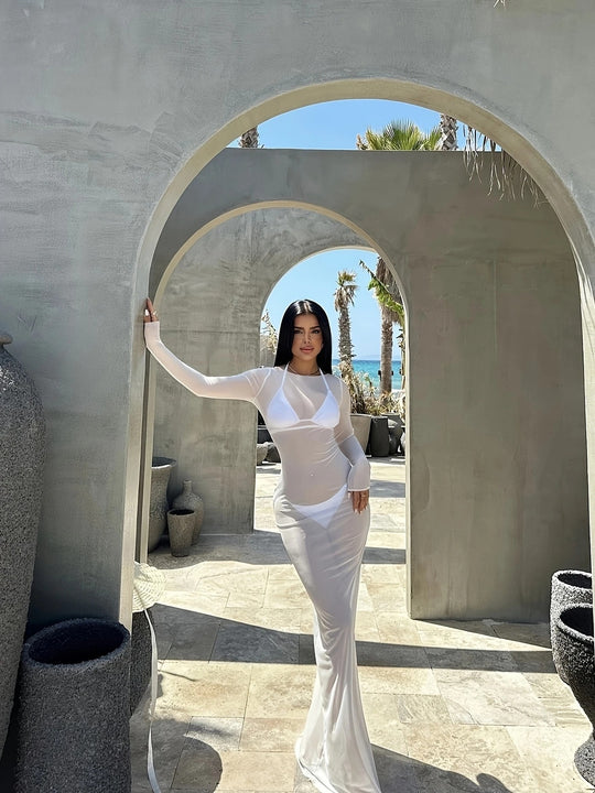 Damen Transparente Strandrobe mit langen Ärmeln und schickem Schnitt EB