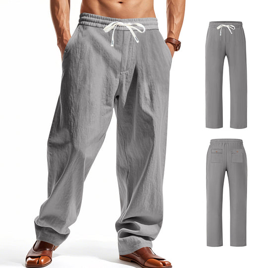 Herren nan lässige Leinen-Freizeithose mit elastischem Bund Kordelzug und aufgesetzten Gesäßtaschen EB