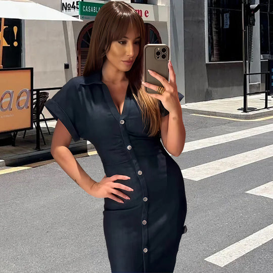 Damen Langarm Kleid mit Knopfverschluss und klassischem Hemdkragen EB