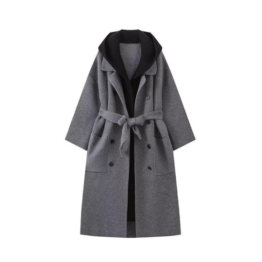 Damen lässiger Longcardigan mit bindbarem Taillengürtel und zweilagigem Kragen EB