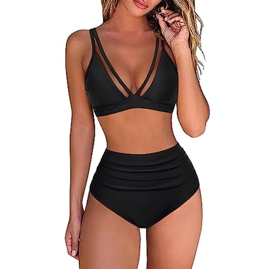 Damen High-Waisted Tiered Animal Print Bikini Set EB