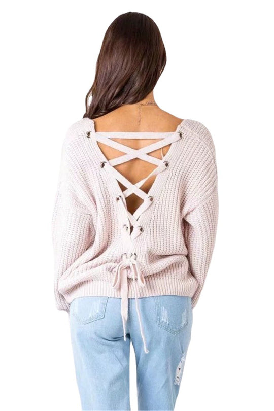 Damen Strickpullover mit verziertem V-Ausschnitt und Kordelzug EB