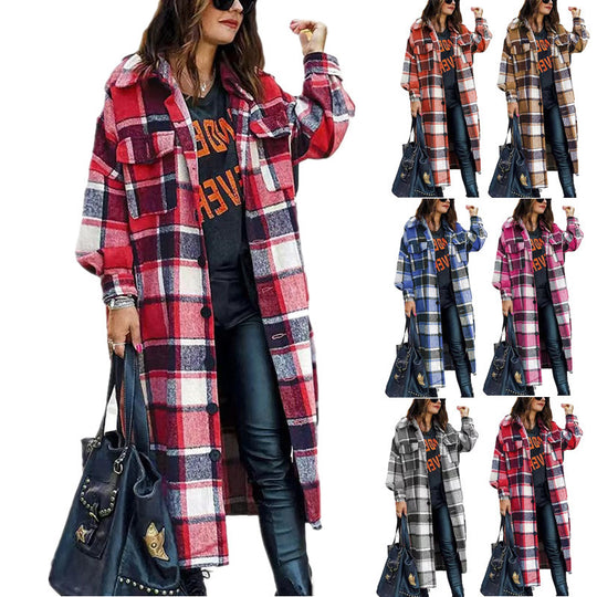 Damen Langarm-Wolljacke mit Karomuster und praktischen Taschen EB