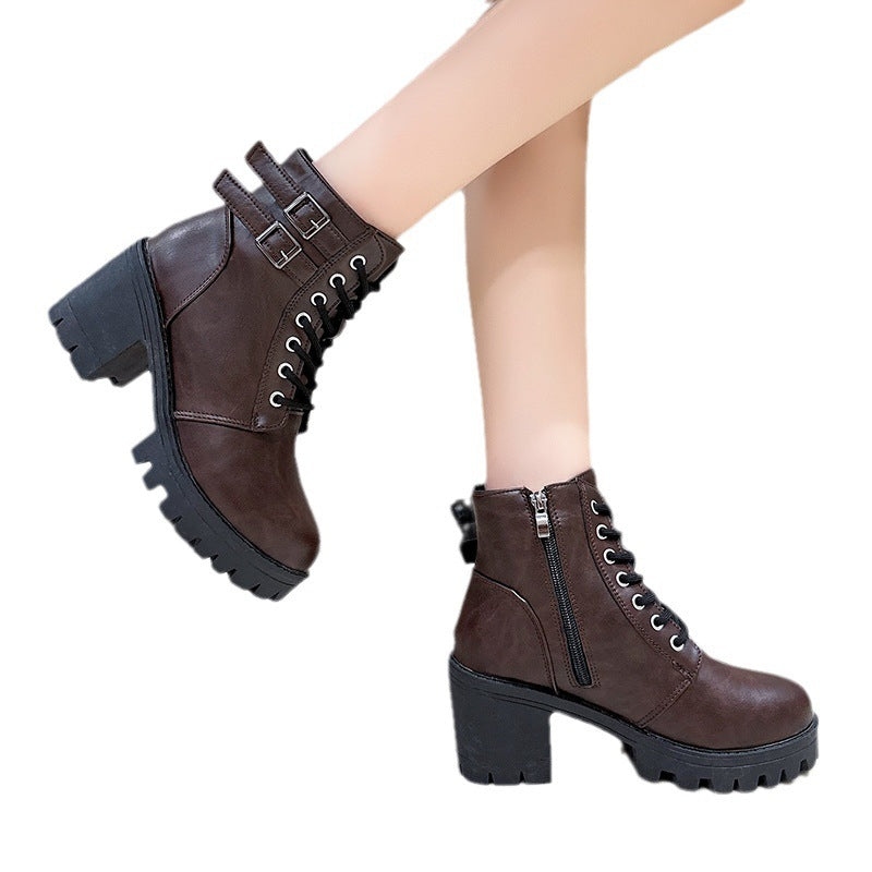 Damen Schnürstiefeletten mit modischen Schnallen und robustem Blockabsatz EB