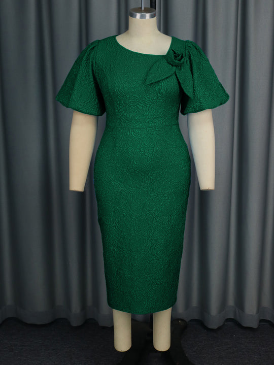 Damen elegantes Etuikleid mit fließenden Puffärmeln und Blumenapplikation EB
