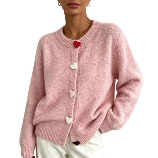 Damen Flauschiger Kurzcardigan mit Herz‑Knopfleiste und Raglanärmeln EB