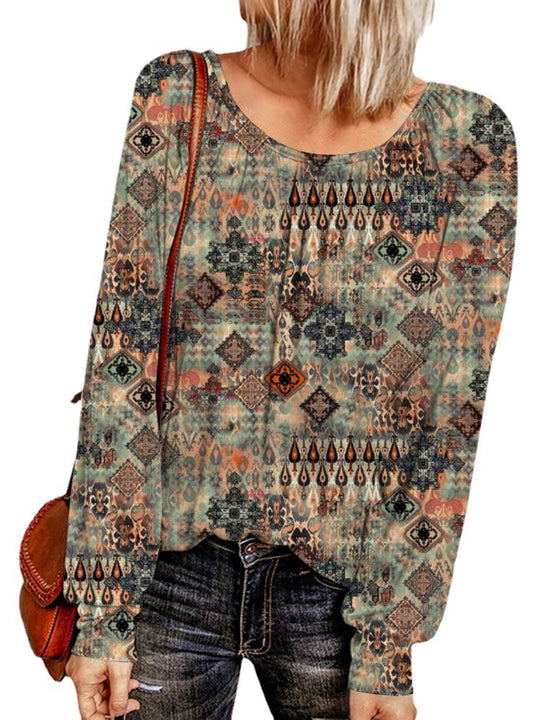 Damen Ethno-Print Oversize-Tunika mit Rundhalsausschnitt und langen Ballonärmeln EB