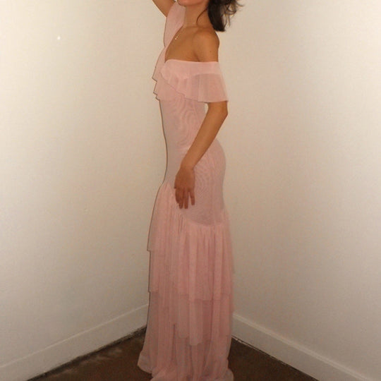 Damen Maxi-Kleid mit voluminösen Rüschendetails und figurformendem Schnitt EB