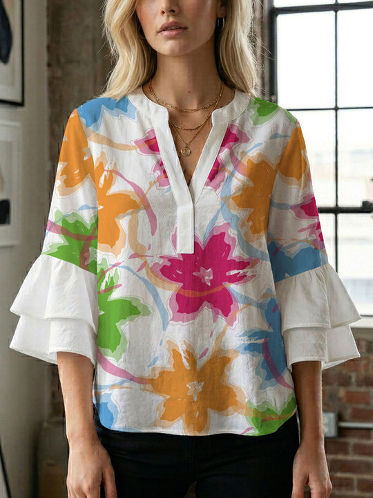 Damen Blusenshirt mit voluminösen Ärmeln und kreativem Druckdesign EB