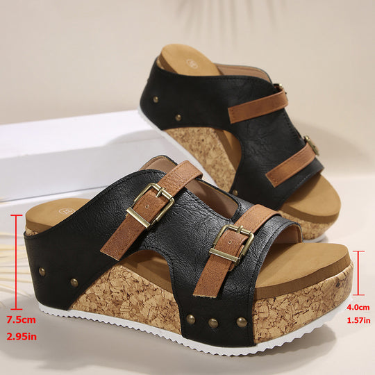 Damen Wedge-Sandalen mit verstellbarem Doppelschnallen-Design EB