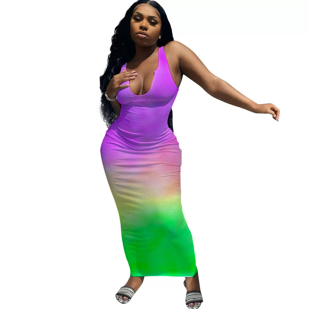 Damen Maxikleid mit tiefem Ausschnitt und Farbverlauf EB
