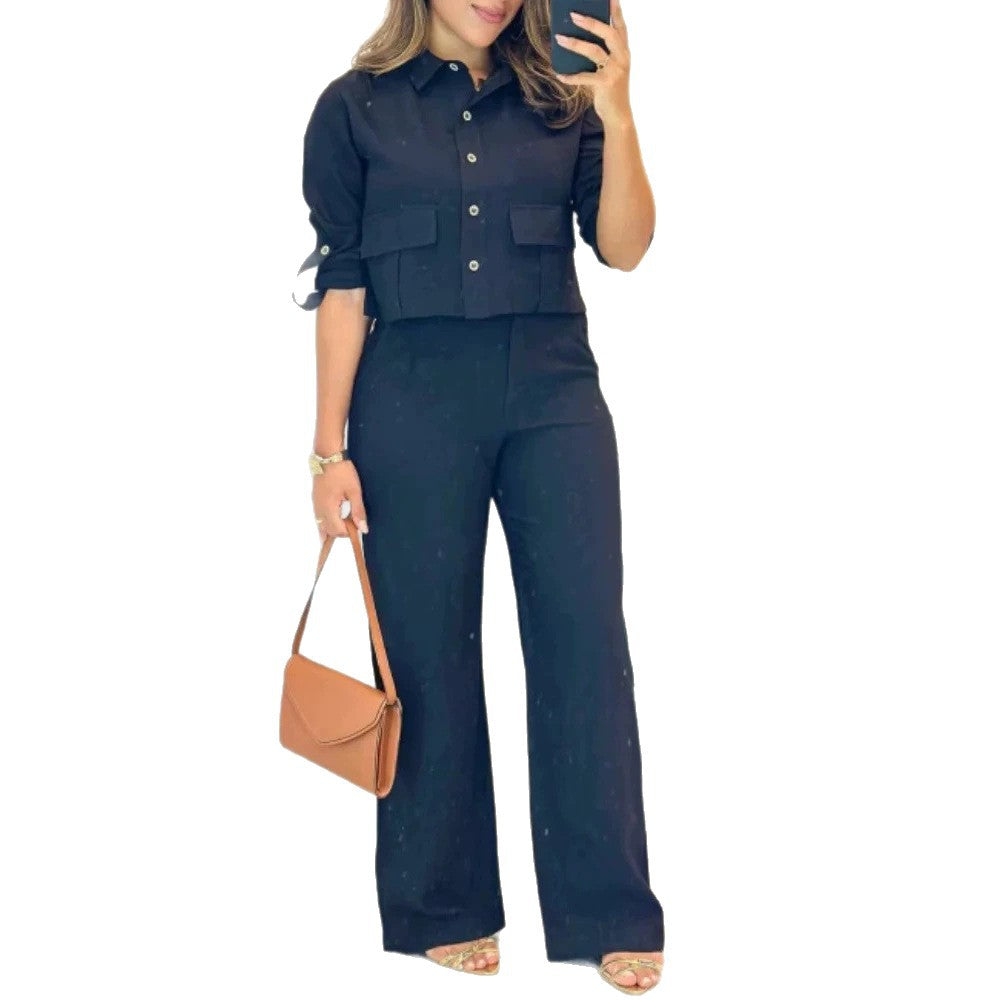 Damen Lässiges Zweiteiler-Set aus leichtem Stoff mit praktischen Taschen EB