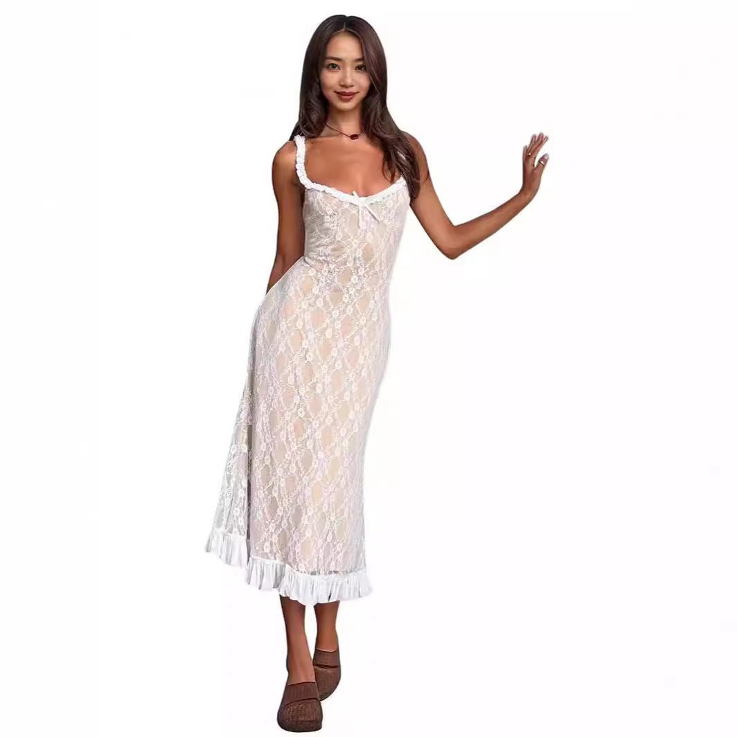 Damen Spitzen-Nachtkleid mit Rüschen und dekorativen Trägern EB