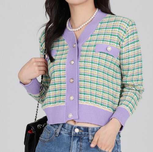 Damen modischer Strickcardigan mit farbenfrohem Muster und Knopfleiste EB