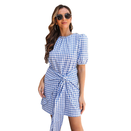 Damen Karierte Kurzarmkleid mit Gürtel von EB