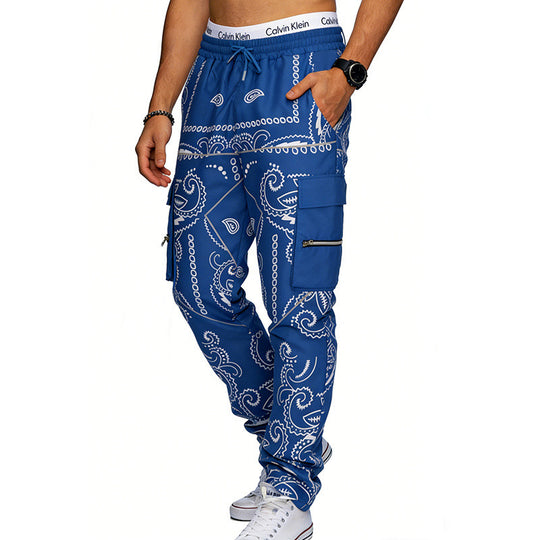Herren nan Cargo-Jogginghose mit Paisley-Muster, elastischem Bund, multiple Reißverschluss- und Klappentaschen EB