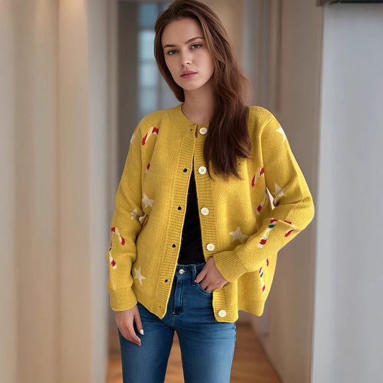 Damen Strickjacke mit festlichem Motiv und dekorativen Knöpfen EB