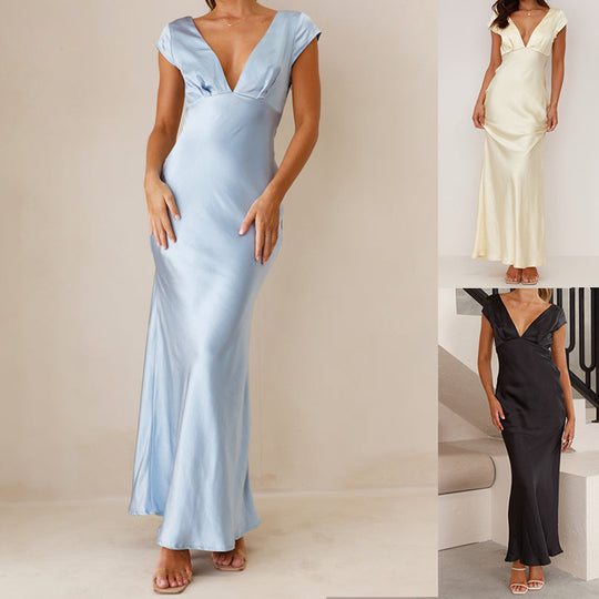 Damen Elegantes Maxikleid mit tiefem V-Ausschnitt und fließendem Satinmaterial EB