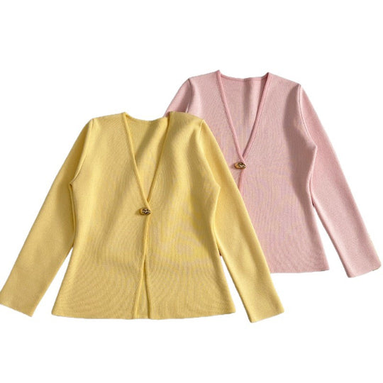 Damen lässiger V-Ausschnitt Cardigan mit dekorativem Knopf EB