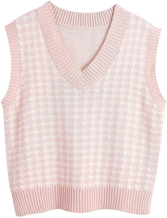 Damen ärmellose Strickweste mit modernem Hahnentrittmuster EB