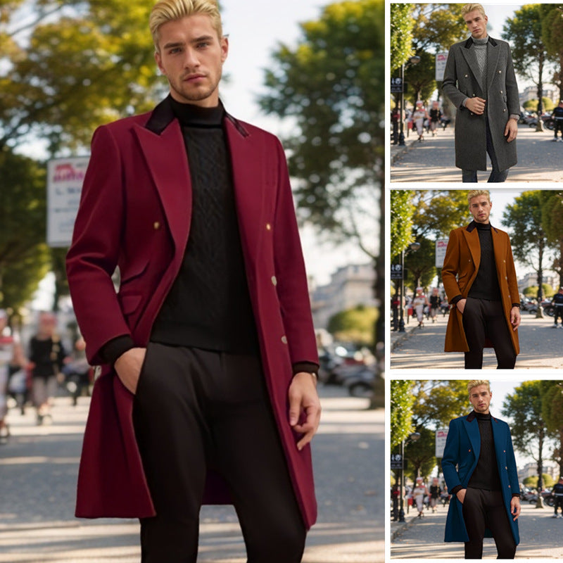 Herren moderner Urban-Mantel mit doppelter Knopfleiste und Samtkragen EB