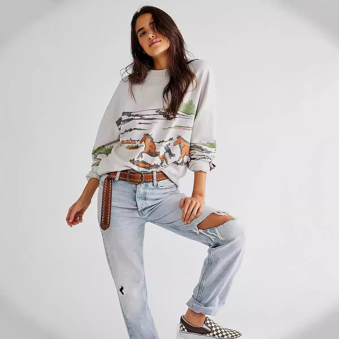 Damen Sweatshirt mit kreativer Pferdemotiv-Grafik und lässigem Schnitt EB