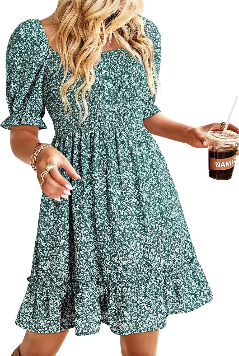 Damen romantisches Sommerkleid mit Puffärmeln und Rüschen EB
