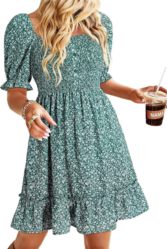 Damen romantisches Sommerkleid mit Puffärmeln und Rüschen EB