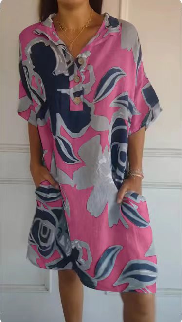 Damen luftiges Strandkleid mit modischem Muster und seitlichen Taschen EB