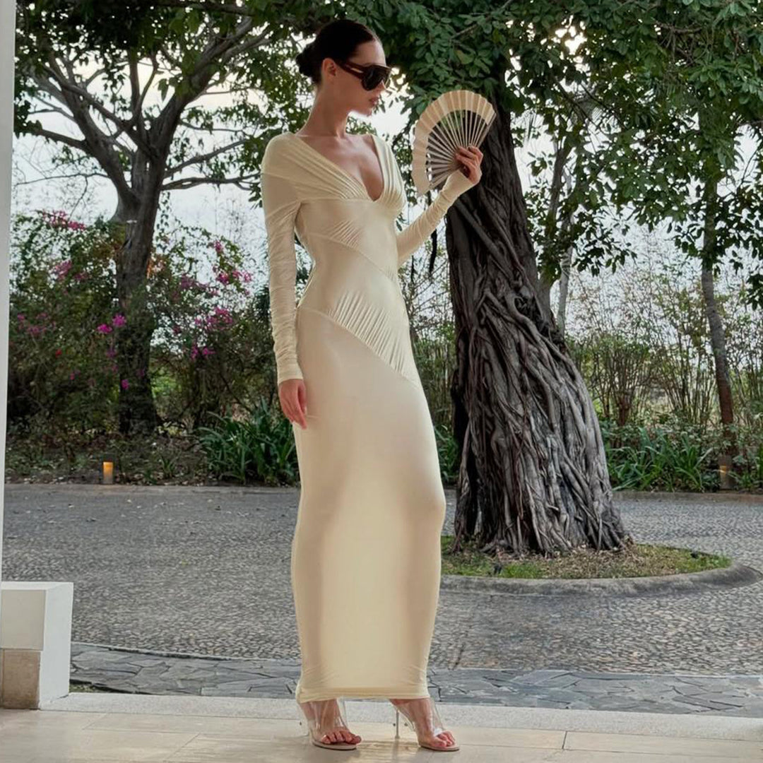 Damen Elegantes Langarm-Maxi-Kleid mit raffinierten Drapierungen EB