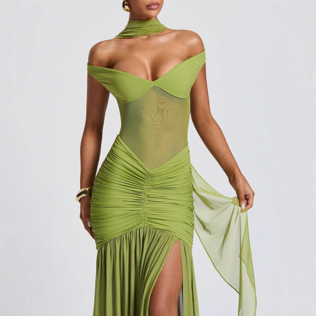Damen Elegantes Maxikleid mit schulterfreiem Design und raffinierten Faltenwurf EB