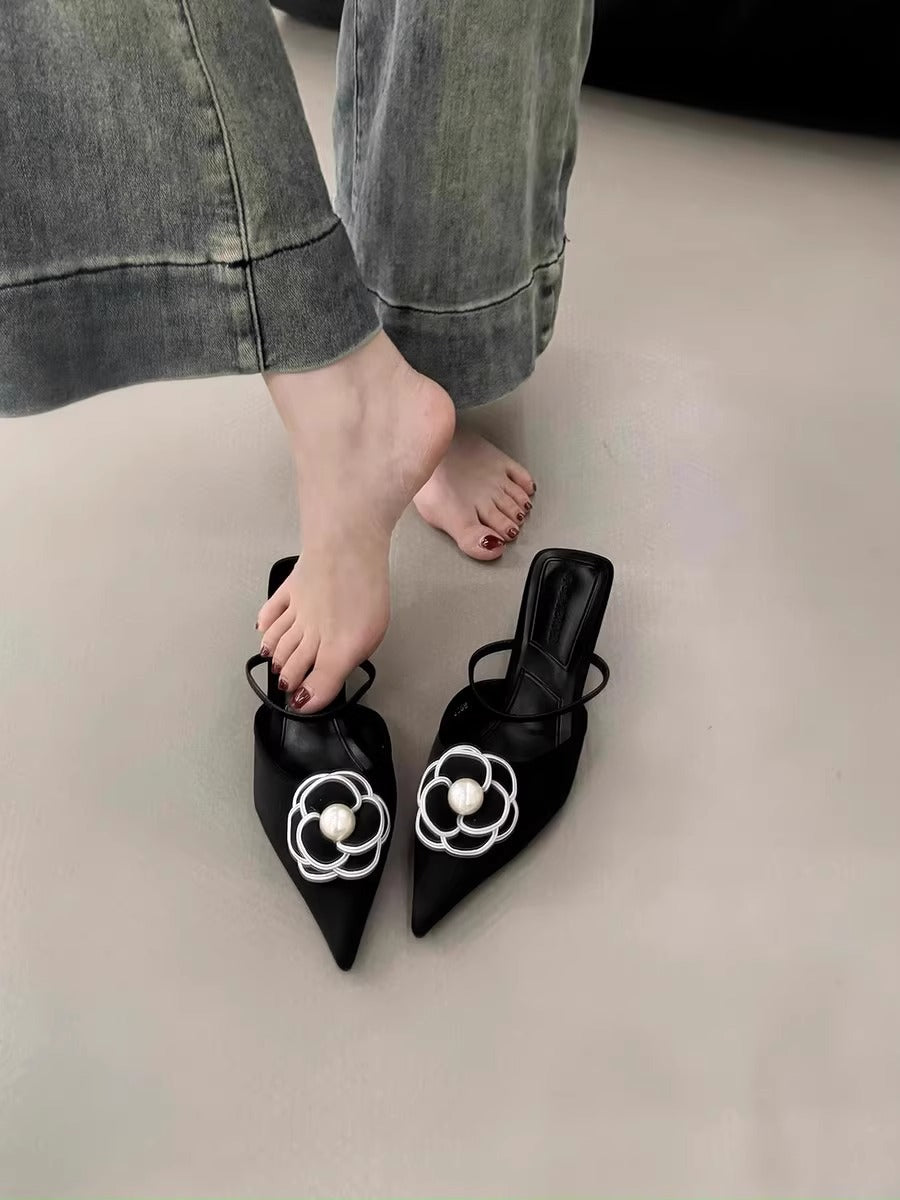 Damen Slingback Mules mit floralem Design und Perlenakzent EB