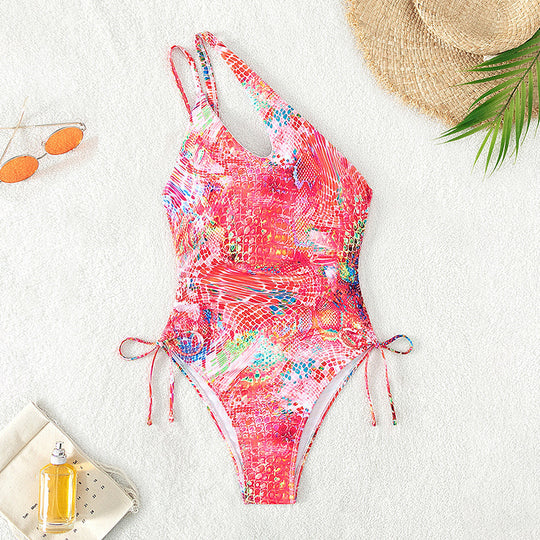 Damen einseitiger Badeanzug mit raffiniertem Cut-Out und lebhaftem Muster EB