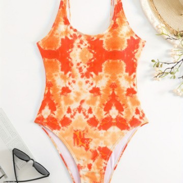 Damen Einteiliger sportlicher Badeanzug mit modischem Tie-Dye-Design EB