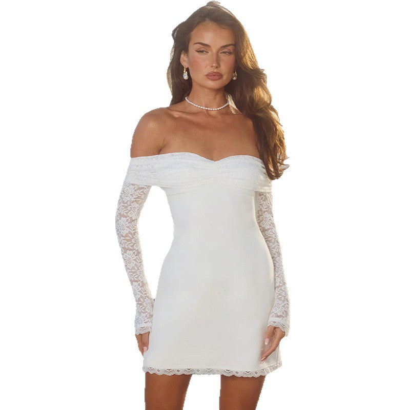 Damen Off-Shoulder Minikleid mit transparenten Spitzenärmeln und bezauberndem Schnitt EB