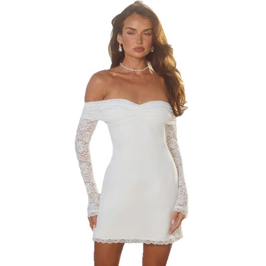 Damen Off-Shoulder Minikleid mit transparenten Spitzenärmeln und bezauberndem Schnitt EB
