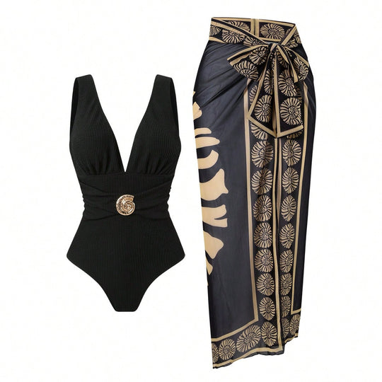 Damen Badeanzug mit femininem Wickelrock und elegantem Schmuckdetail EB