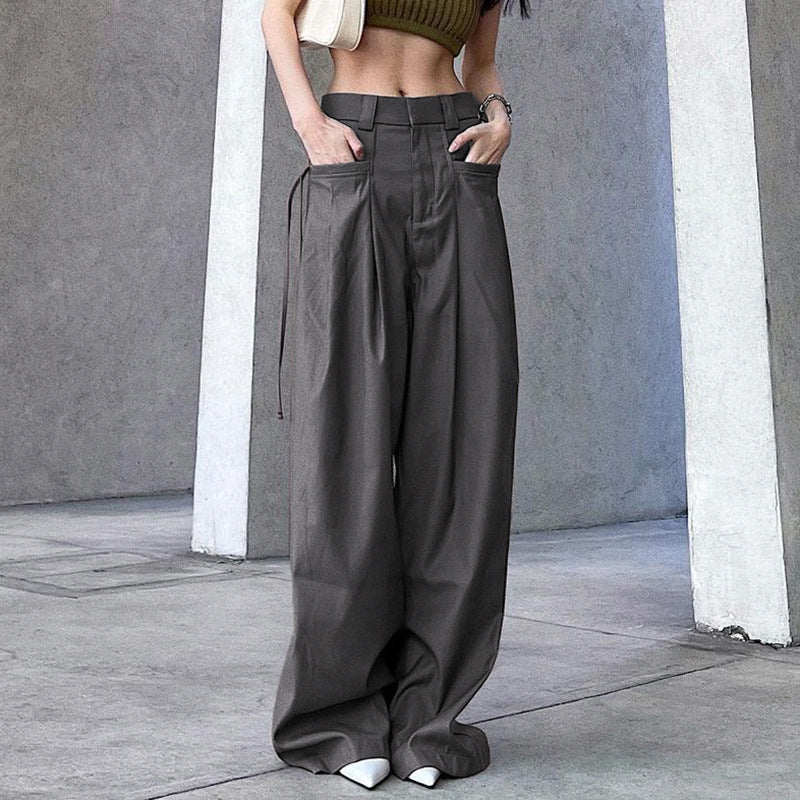 Damen nan hochtaillierte weite Bundfaltenhose mit Cargo‑Details, Gürtelschlaufen und geradem Beinschnitt EB