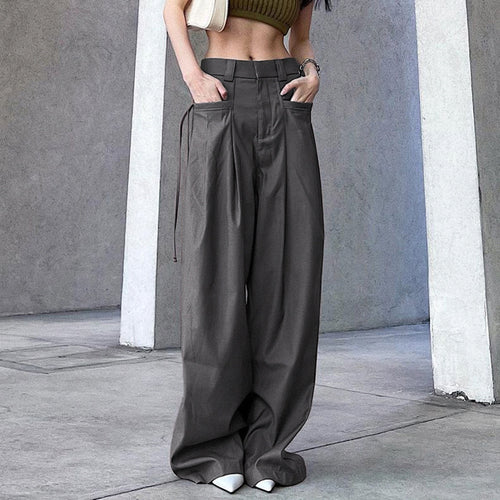 Damen nan hochtaillierte weite Bundfaltenhose mit Cargo‑Details, Gürtelschlaufen und geradem Beinschnitt EB