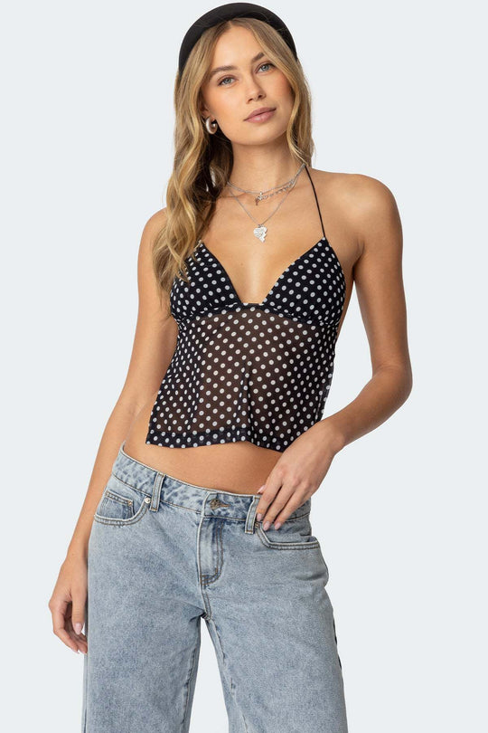 Damen Transparente Bluse mit Punktmuster und dehnten Trägern EB