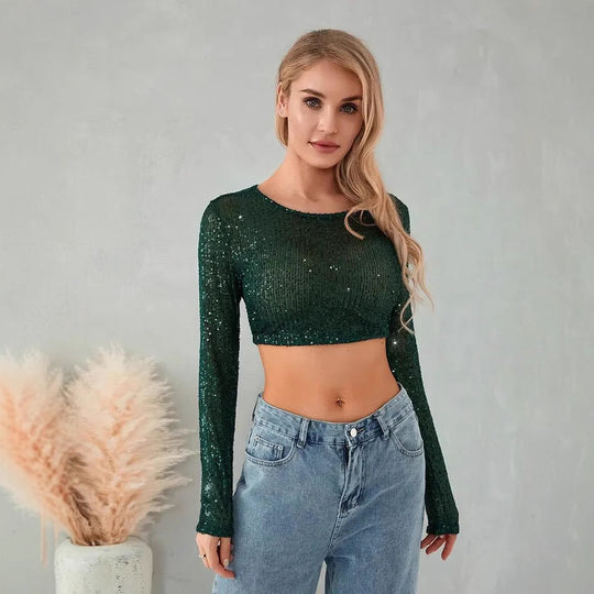 Damen Glitzerndes Langarm-Top mit funkelnden Pailletten EB